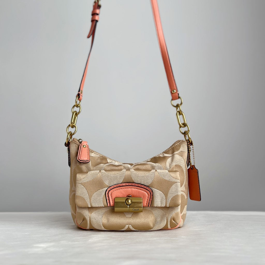 Coach Peach Leather Monogram Buckle Detail Crossbody Shoulder Bag Exce