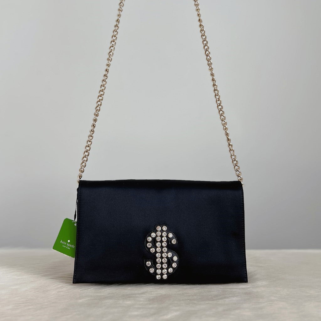Kate Spade Black Satin Rhinestone Detail Crossbody Shoulder Bag New with Tags