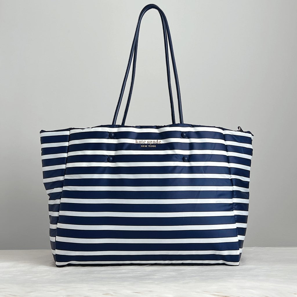 Kate Spade Navy Leather Striped Large Shopper Shoulder Bag Like New