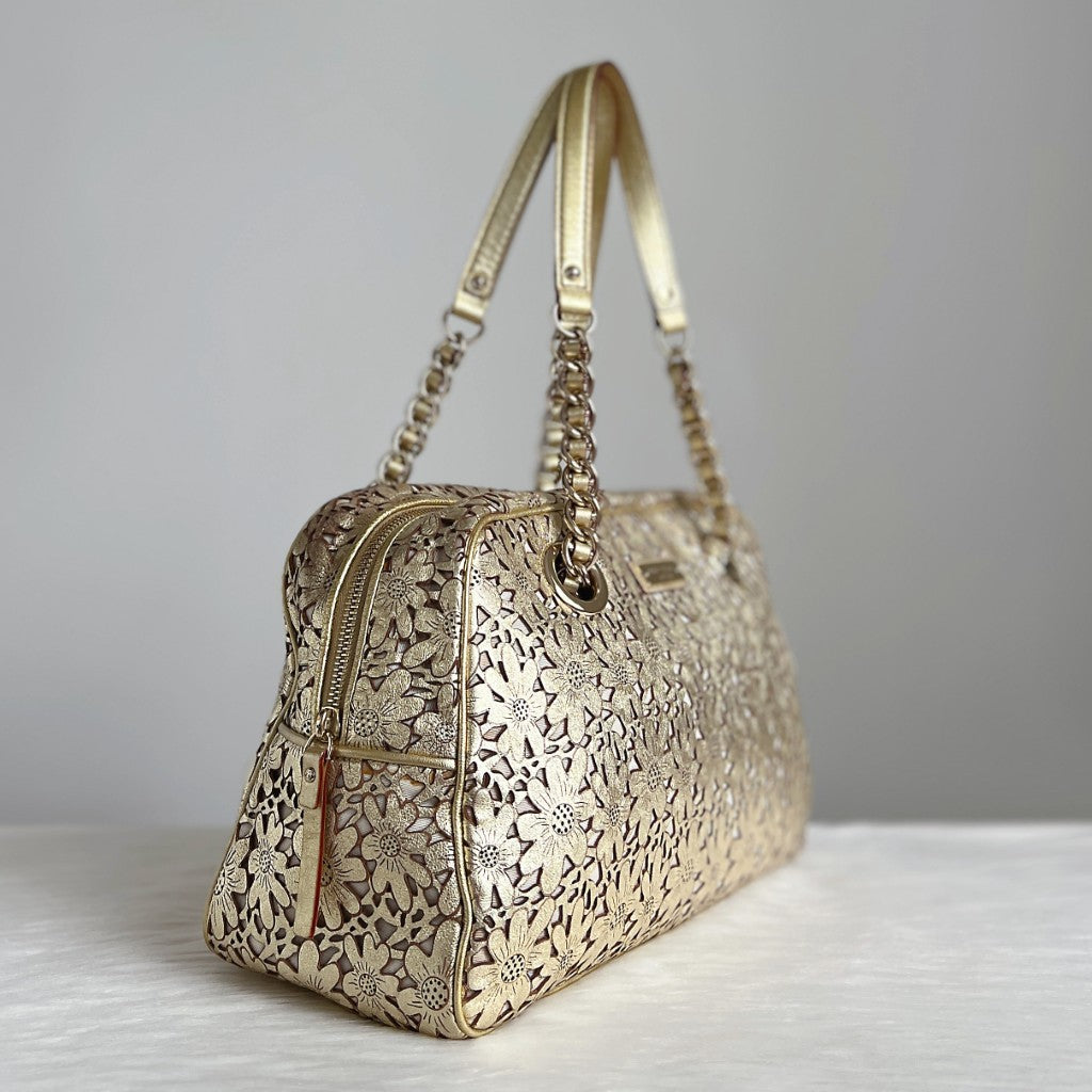 Kate Spade Gold Leather Cut Out Floral Pattern Shoulder Bag Excellent