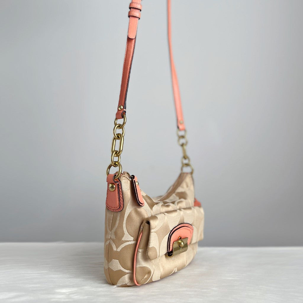 Coach Peach Leather Monogram Buckle Detail Crossbody Shoulder Bag Excellent