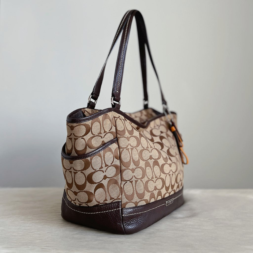 Coach Chocolate Leather Monogram Carryall Shoulder Bag Excellent