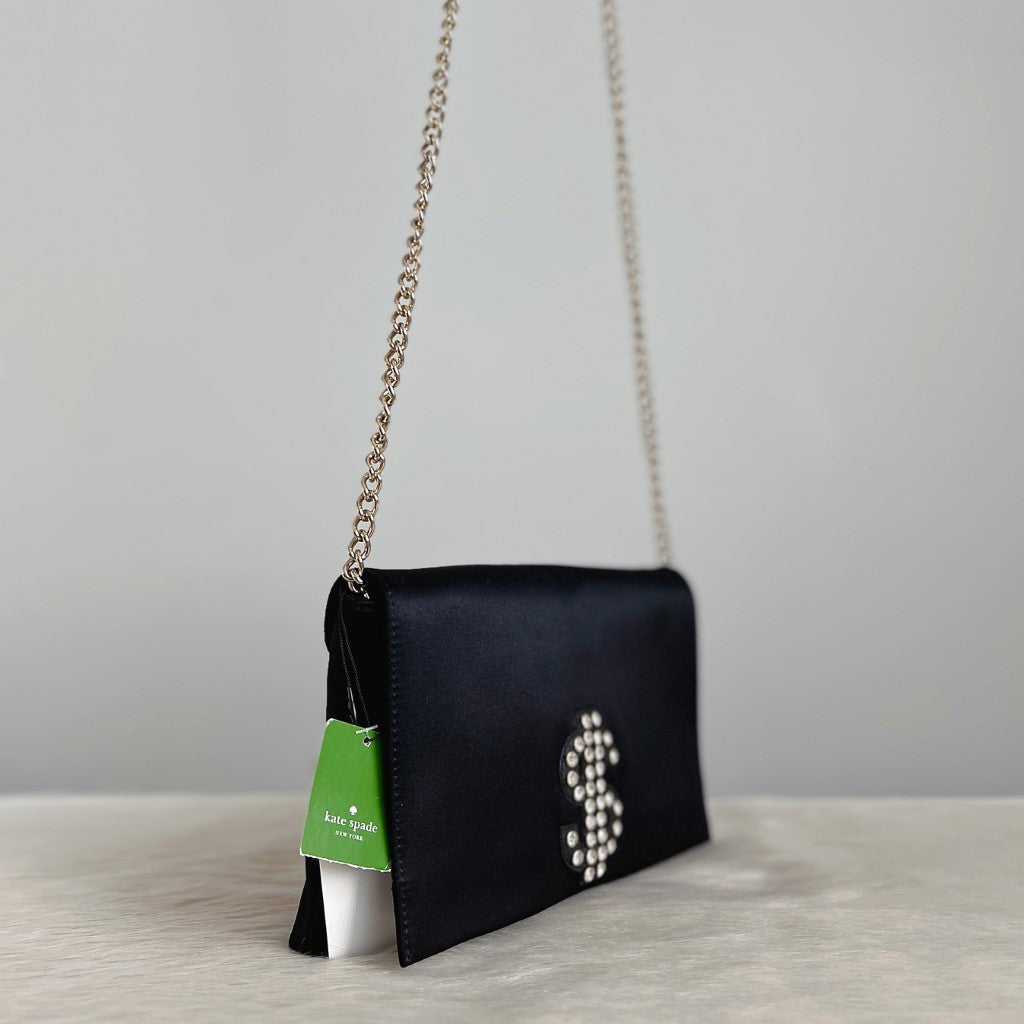 Kate Spade Black Satin Rhinestone Detail Crossbody Shoulder Bag New with Tags
