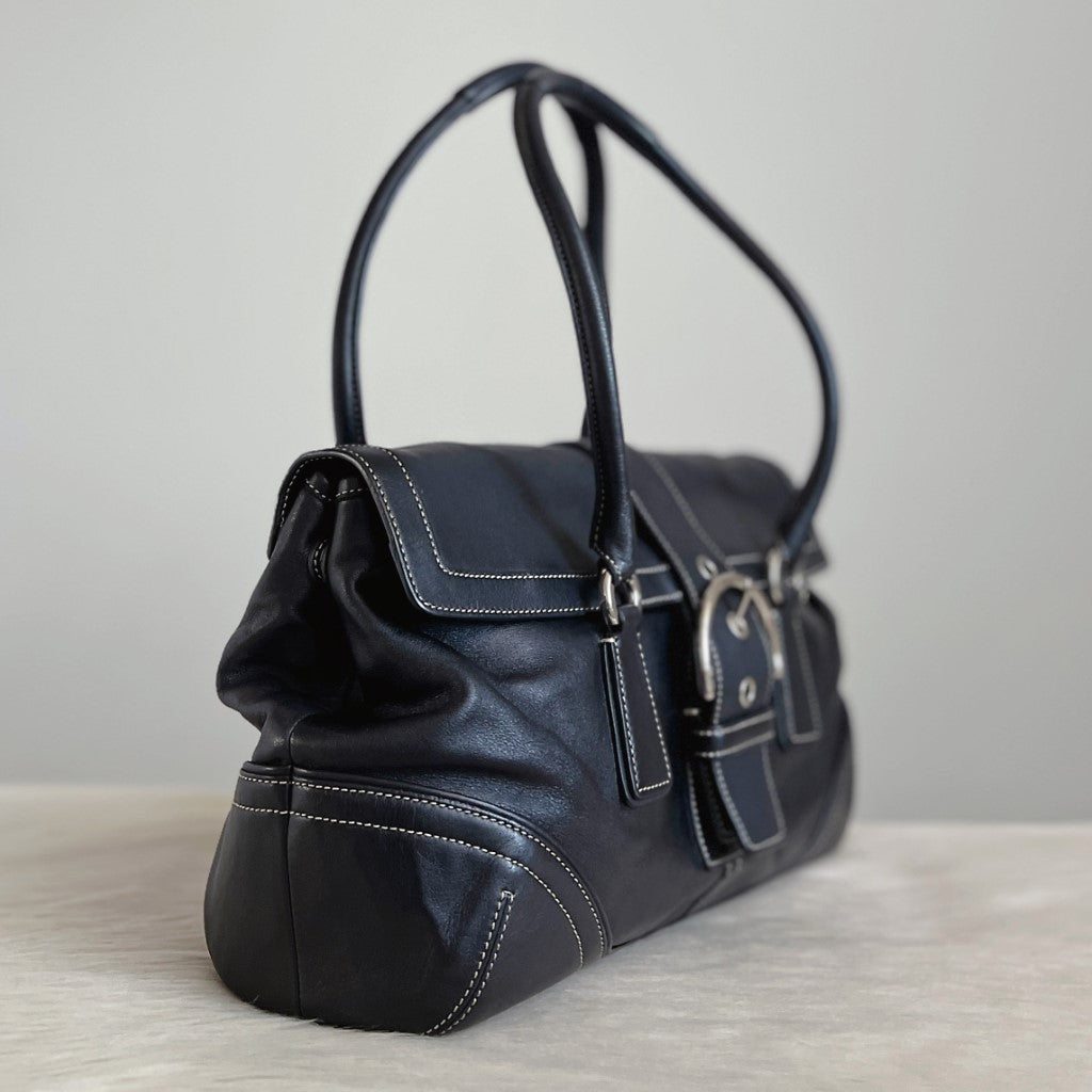 Coach Black Leather Front Buckle Flap Shoulder Bag Excellent