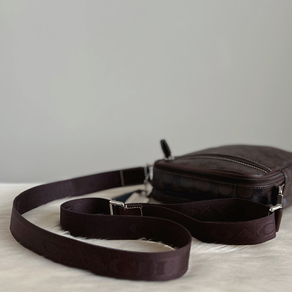Coach Chocolate Leather Monogram Double Sided Unisex Crossbody Shoulder Bag Excellent
