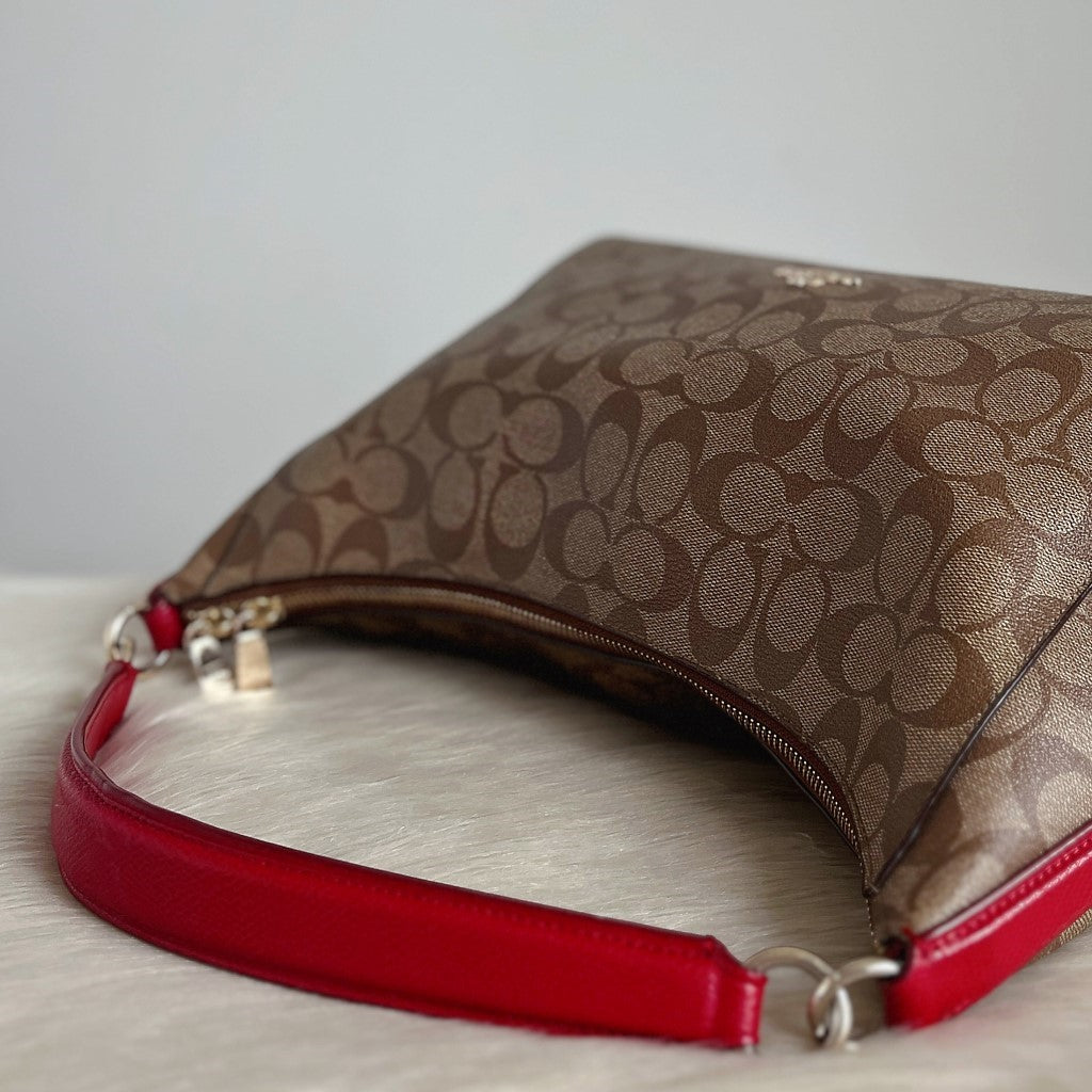 Coach Red Leather Monogram Slouchy 2 Way Shoulder Bag Excellent