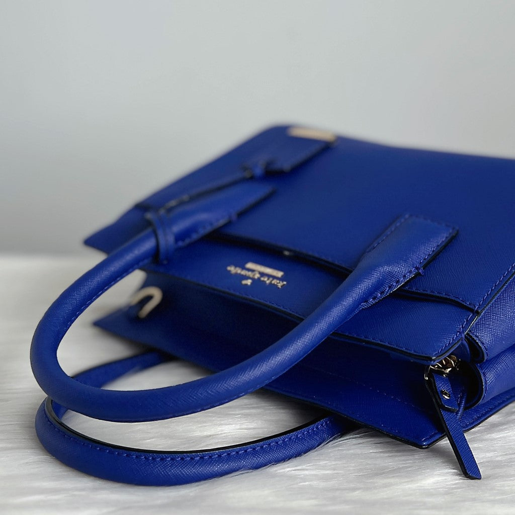 Kate Spade Blue Leather Front Logo Charm Detail 2 Way Shoulder Bag Like New