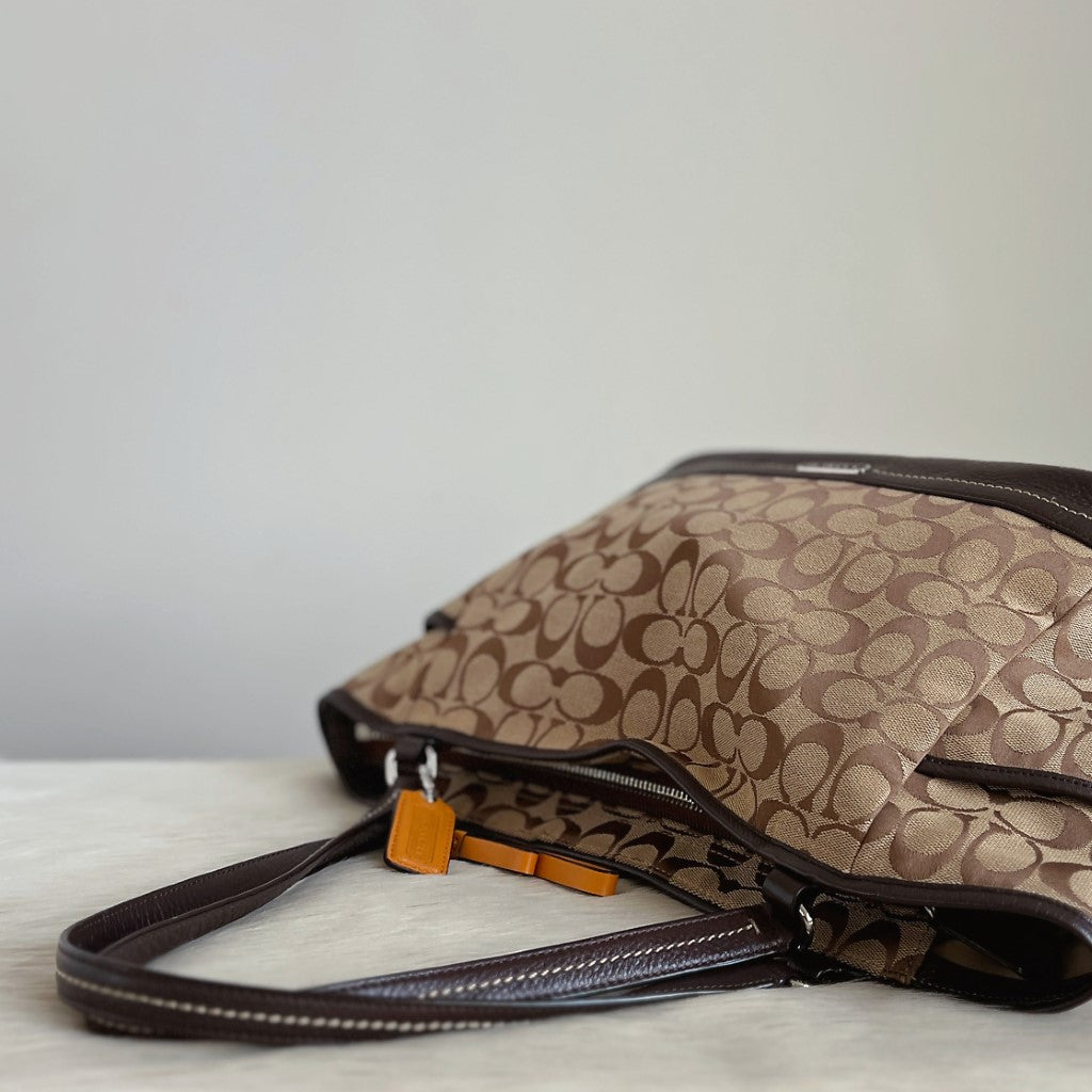 Coach Chocolate Leather Monogram Carryall Shoulder Bag Excellent