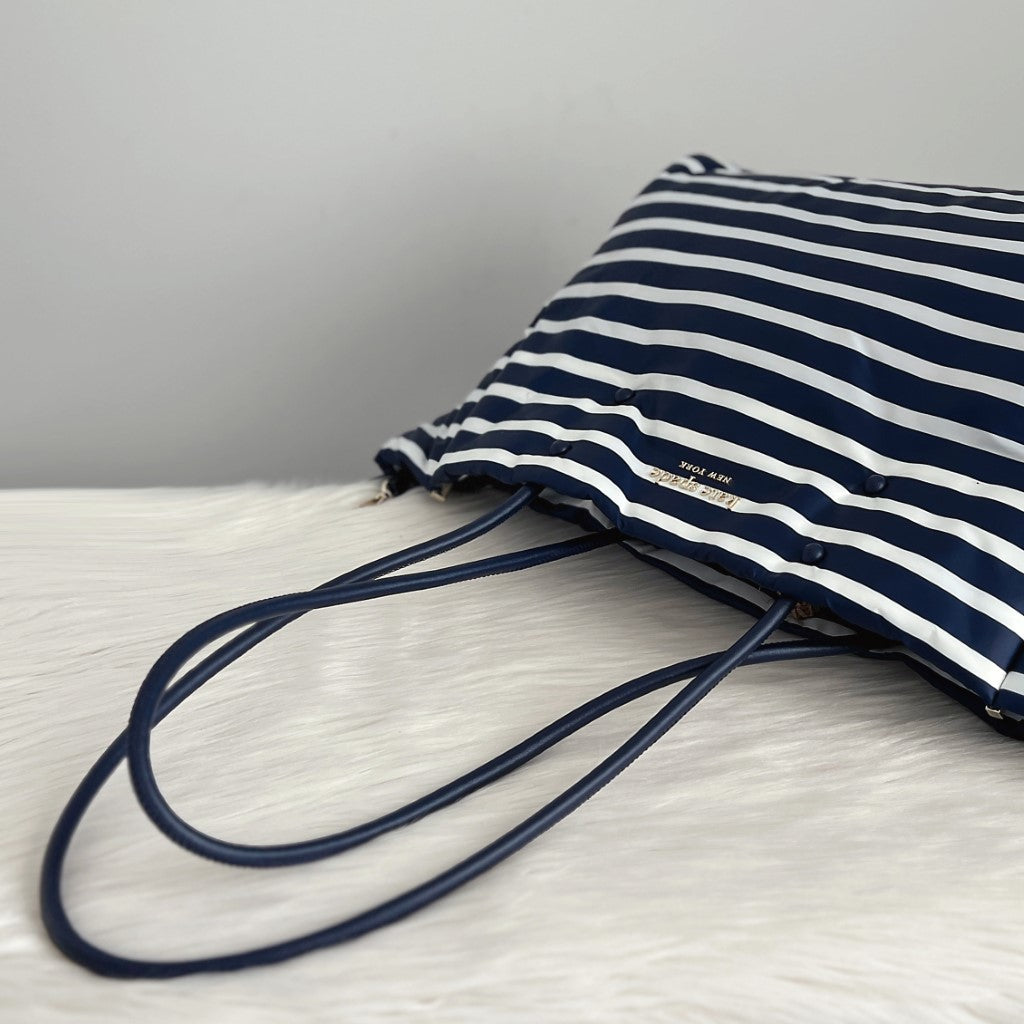 Kate Spade Navy Leather Striped Large Shopper Shoulder Bag Like New