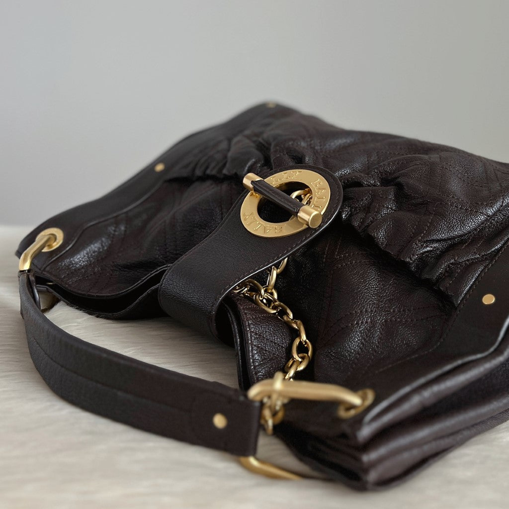 Bally Dark Chocolate Leather Chain Detail Shoulder Bag Excellent