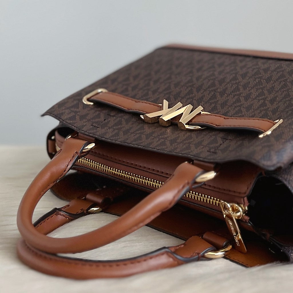 Michael Kors Caramel Leather Monogram Triple Compartment 2 Way Shoulder Bag Like New