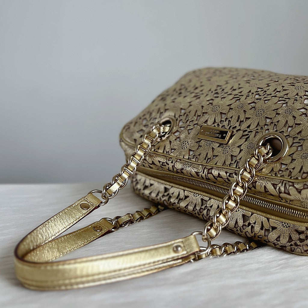Kate Spade Gold Leather Cut Out Floral Pattern Shoulder Bag Excellent