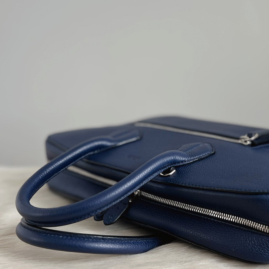 Bally Navy Leather Business Unisex 2 Way Shoulder Bag Excellent