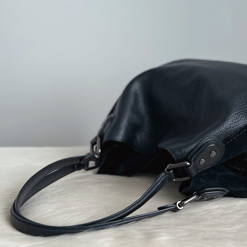 Coach Black Leather Suede Patchwork Triple Compartment Shoulder Bag