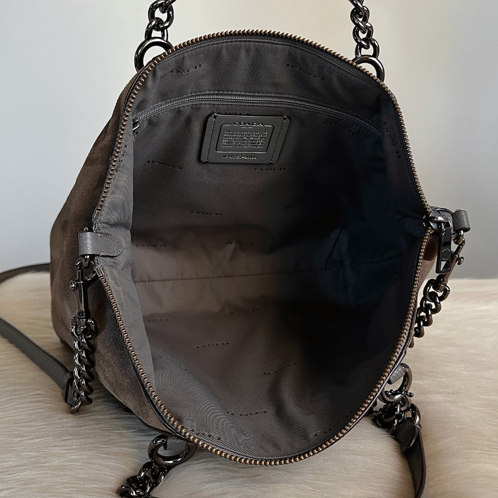 Coach Grey Leather Sude Patchwork Front Logo 2 Way Shoulder Bag Excellent