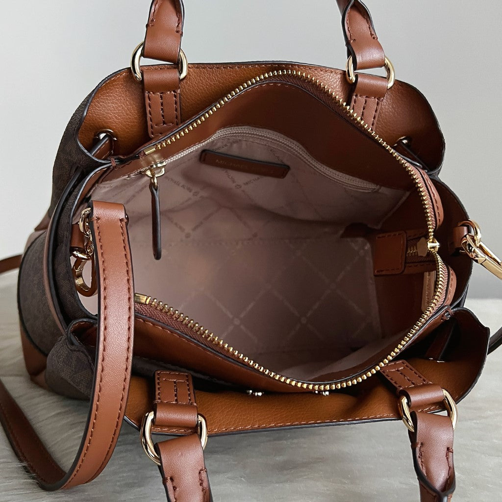 Michael Kors Caramel Leather Monogram Triple Compartment 2 Way Shoulder Bag Like New