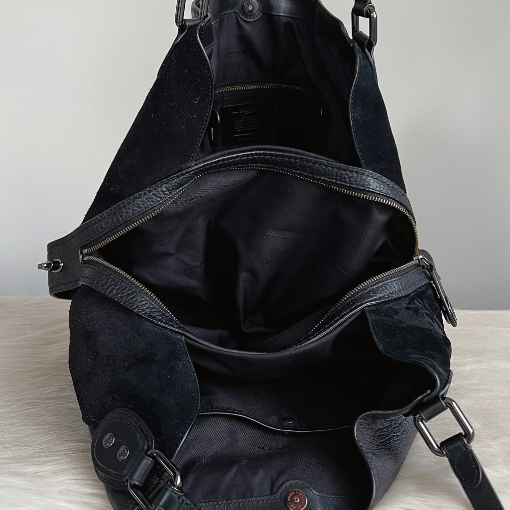 Coach Black Leather Suede Patchwork Triple Compartment Shoulder Bag