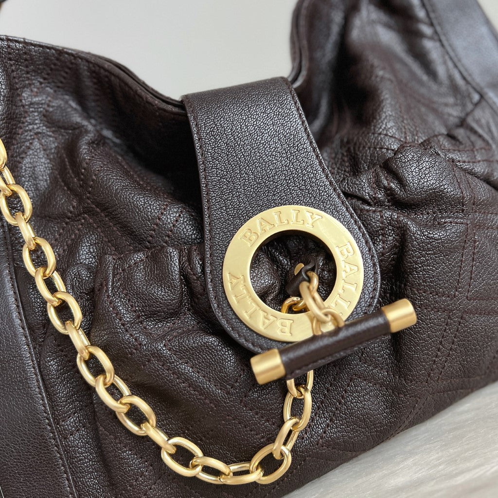 Bally Dark Chocolate Leather Chain Detail Shoulder Bag Excellent