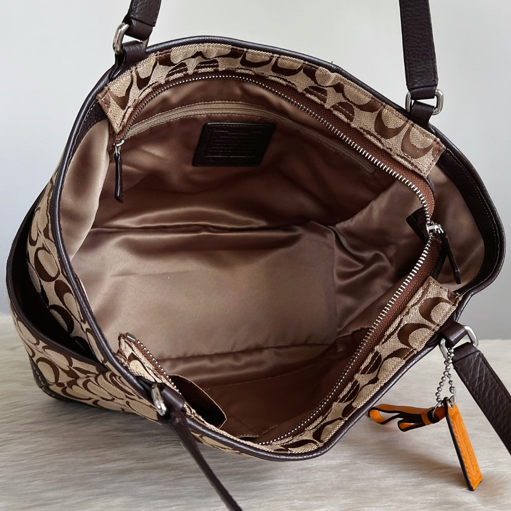 Coach Chocolate Leather Monogram Carryall Shoulder Bag Excellent