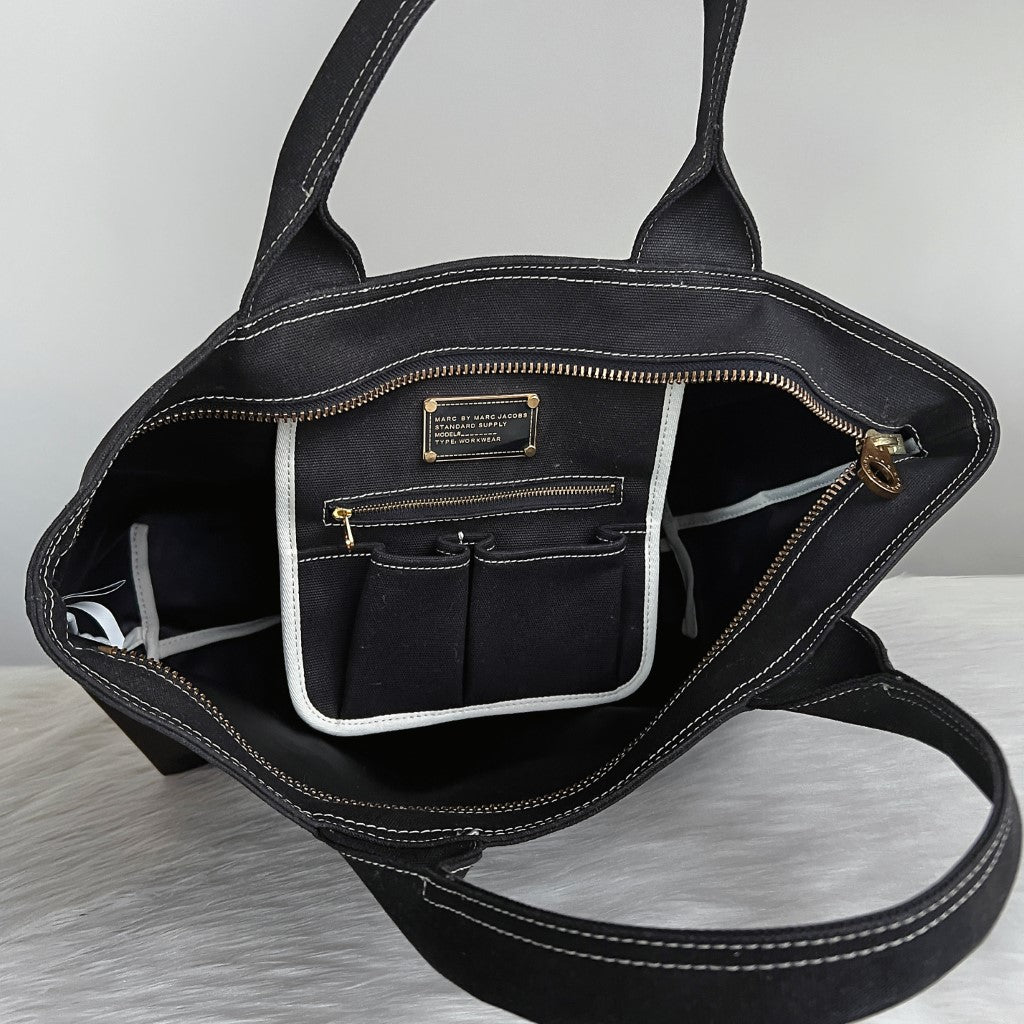 Marc Jacobs Black Canvas Front Pattern Large Tote Shoulder Bag Excellent