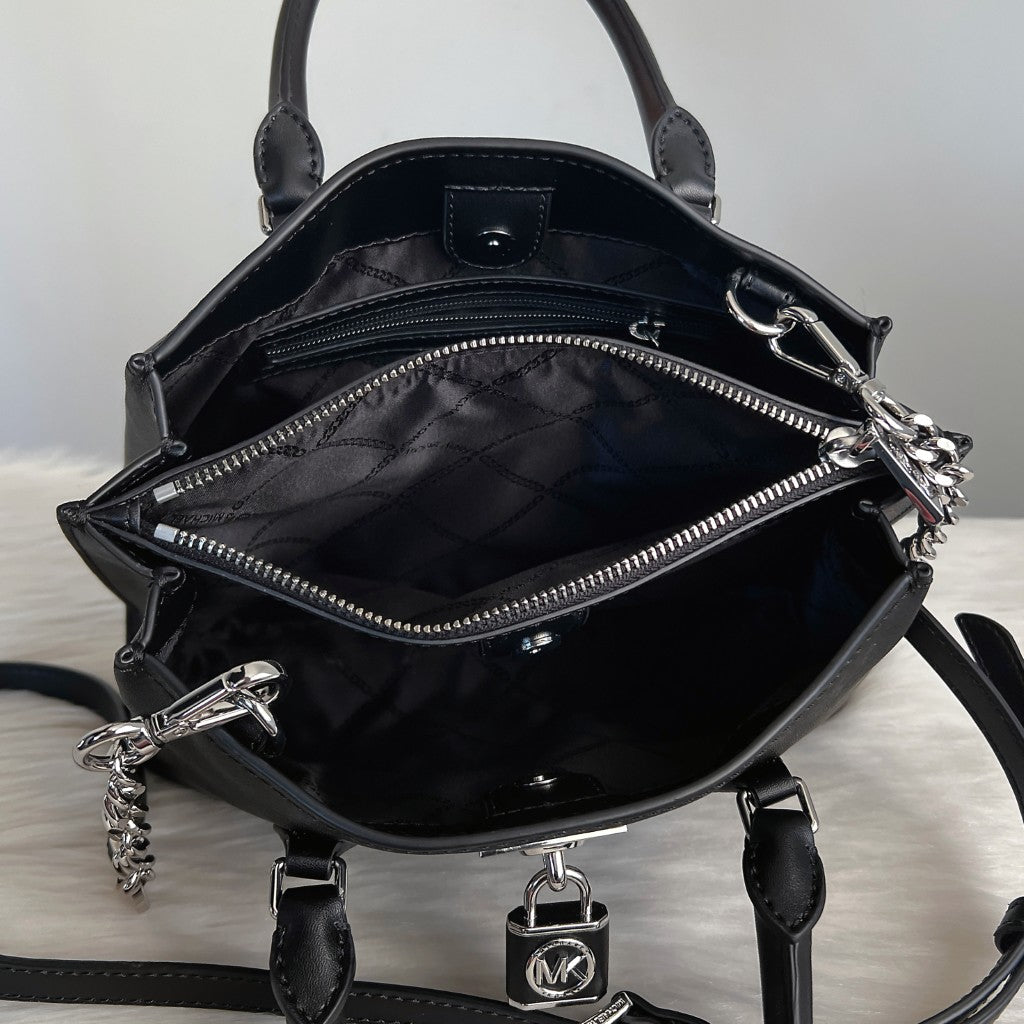 Michael Kors Black Leather Padlock Triple Compartment 2 Way Shoulder Bag Like New