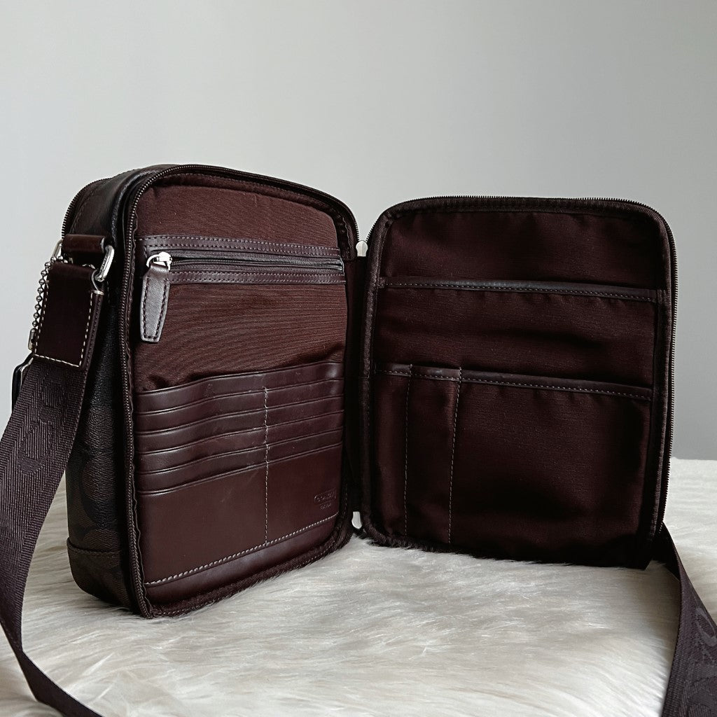 Coach Chocolate Leather Monogram Double Sided Unisex Crossbody Shoulder Bag Excellent