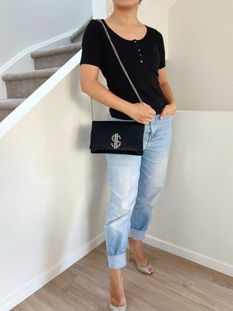 Kate Spade Black Satin Rhinestone Detail Crossbody Shoulder Bag New with Tags