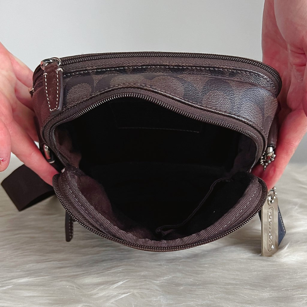 Coach Chocolate Leather Monogram Double Sided Unisex Crossbody Shoulder Bag Excellent