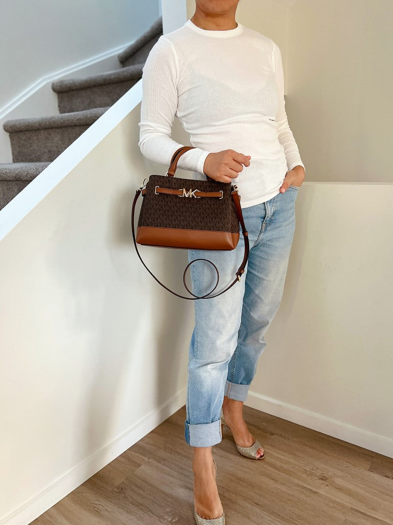 Michael Kors Caramel Leather Monogram Triple Compartment 2 Way Shoulder Bag Like New