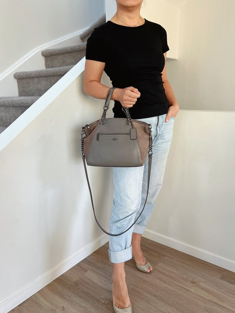 Coach Grey Leather Sude Patchwork Front Logo 2 Way Shoulder Bag Excellent