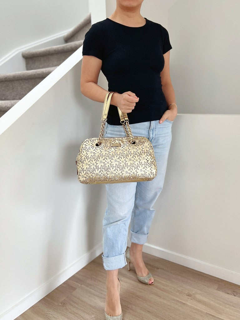 Kate Spade Gold Leather Cut Out Floral Pattern Shoulder Bag Excellent