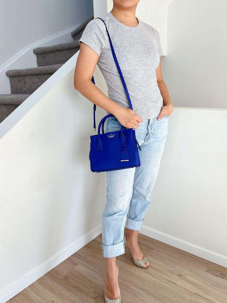 Kate Spade Blue Leather Front Logo Charm Detail 2 Way Shoulder Bag Like New