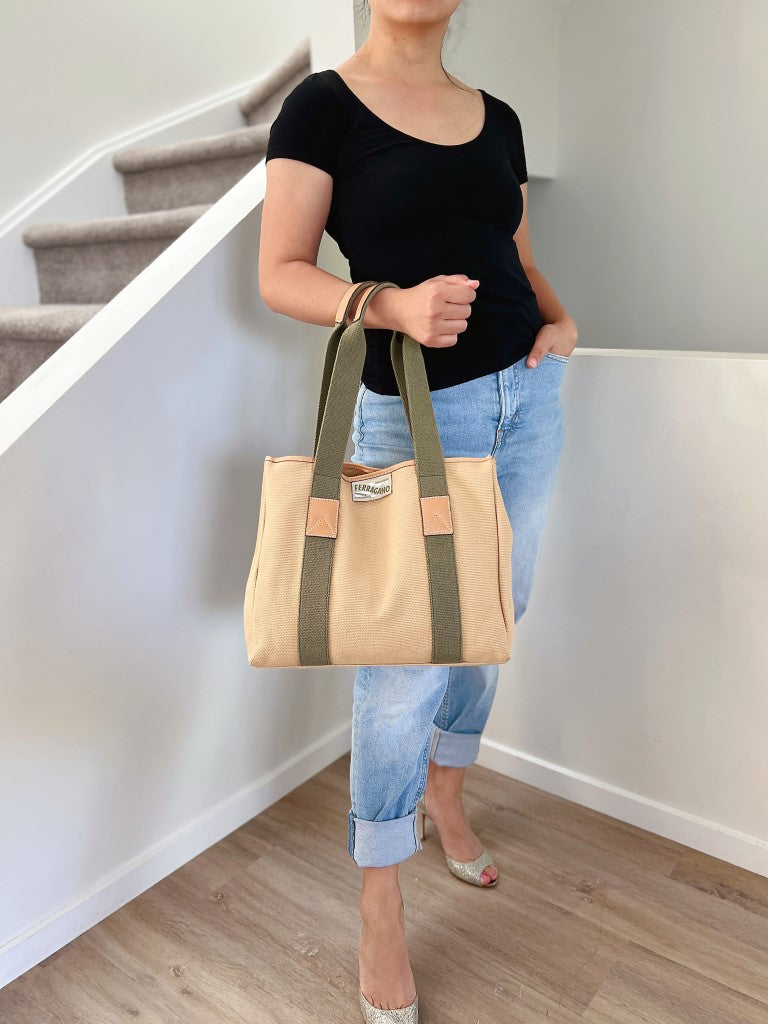 Salvatore Ferragamo Two Tone Canvas Carryall Shoulder Bag Excellent