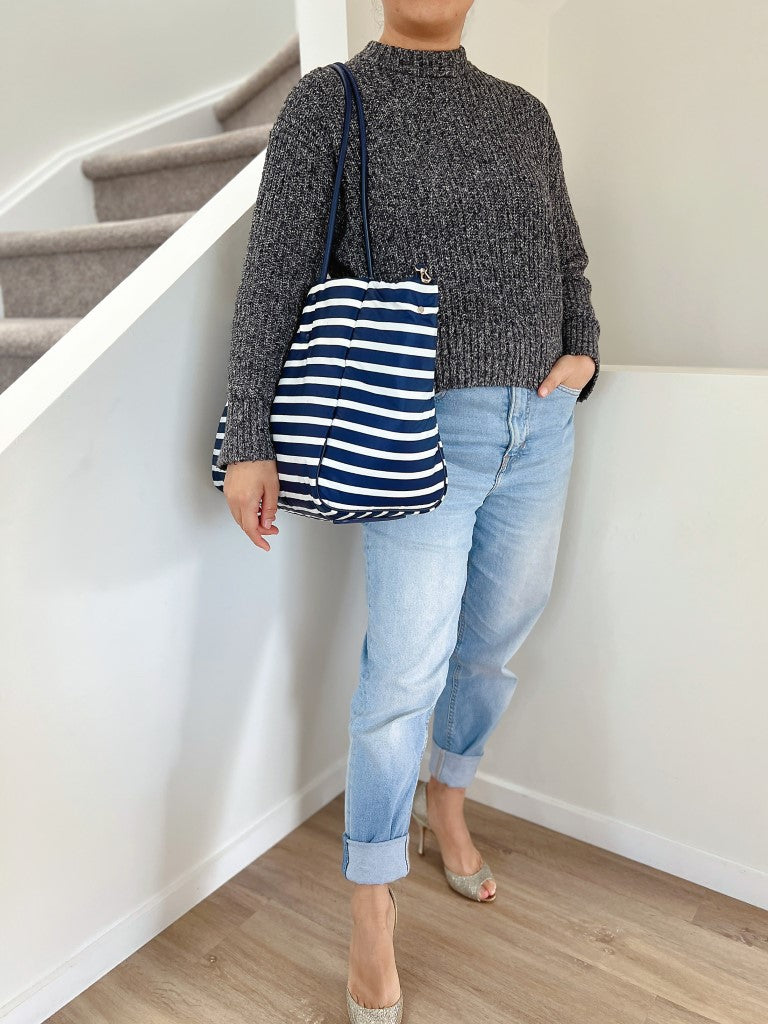 Kate Spade Navy Leather Striped Large Shopper Shoulder Bag Like New