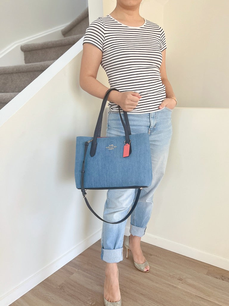 Coach Navy Leather Denim Triple Compartment 2 Way Shoulder Bag Like New