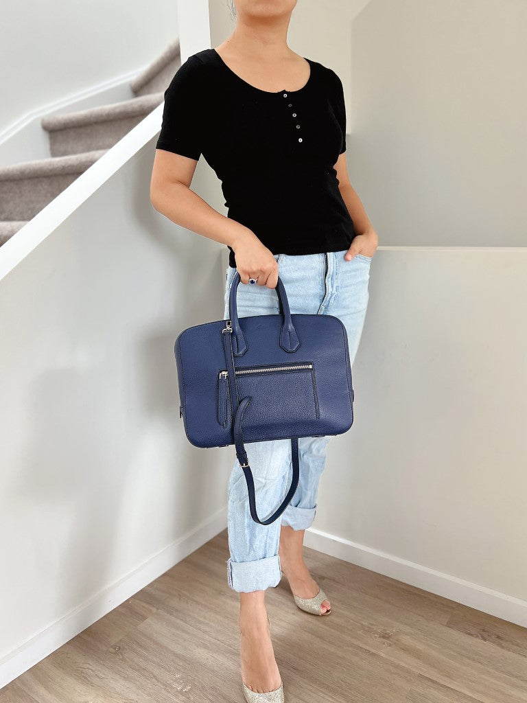 Bally Navy Leather Business Unisex 2 Way Shoulder Bag Excellent