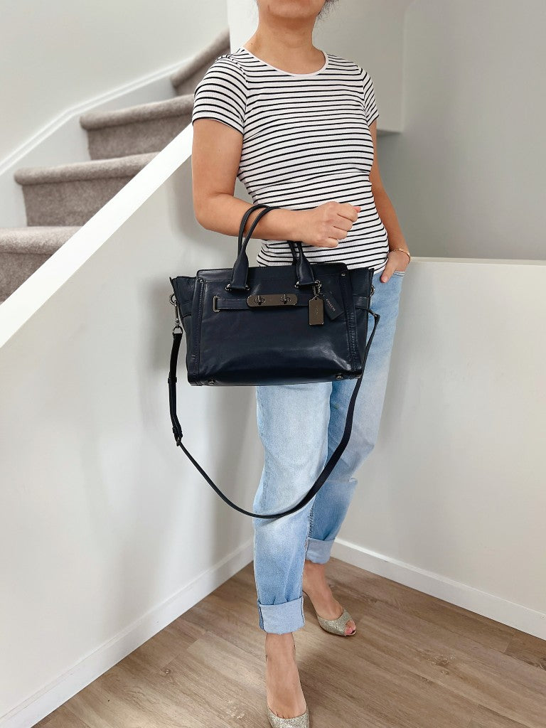 Coach Navy Leather Double Turn Lock Detail 2 Way Shoulder Bag Like New