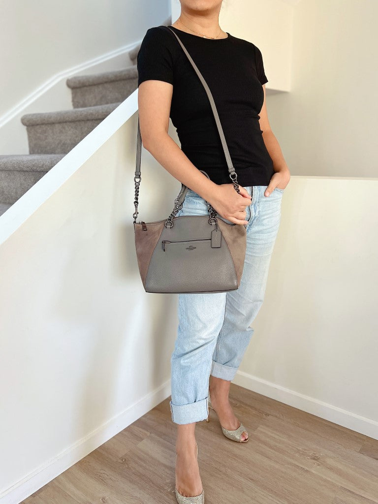 Coach Grey Leather Sude Patchwork Front Logo 2 Way Shoulder Bag Excellent