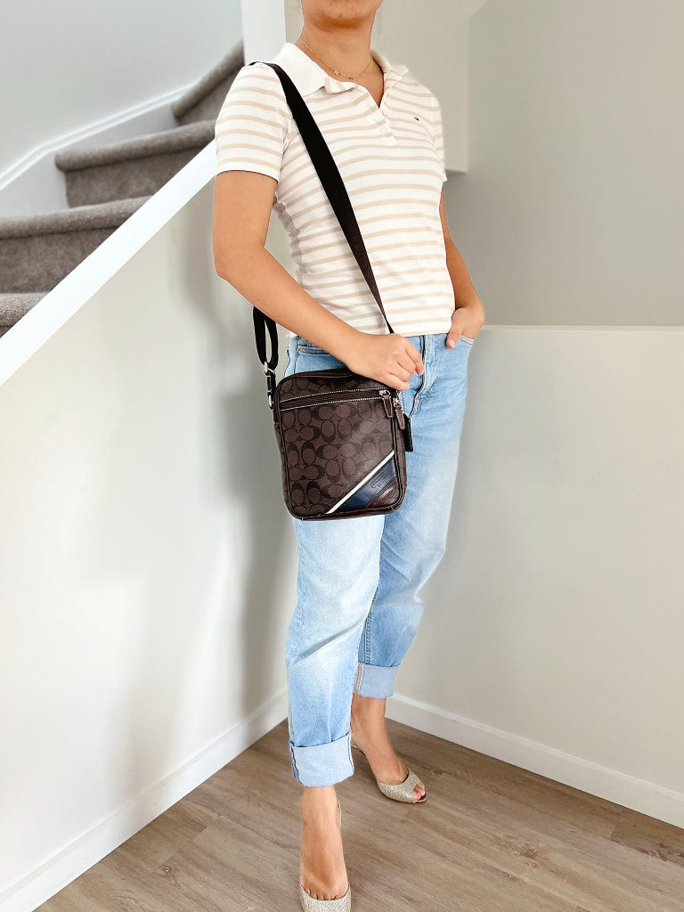 Coach Chocolate Leather Monogram Double Sided Unisex Crossbody Shoulder Bag Excellent