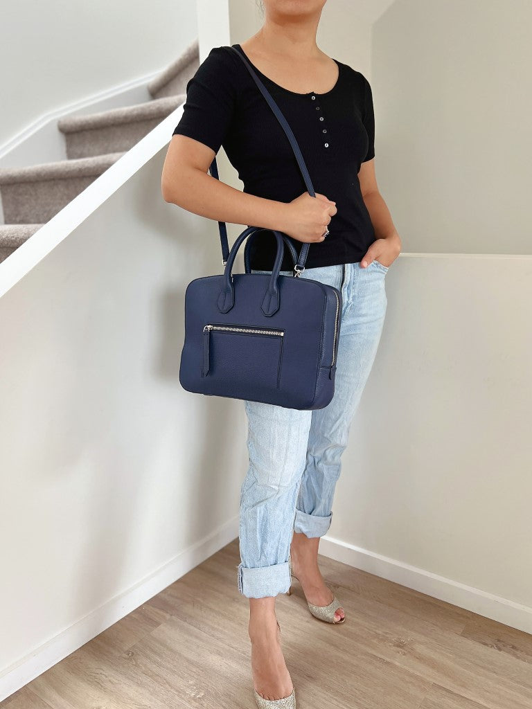 Bally Navy Leather Business Unisex 2 Way Shoulder Bag Excellent