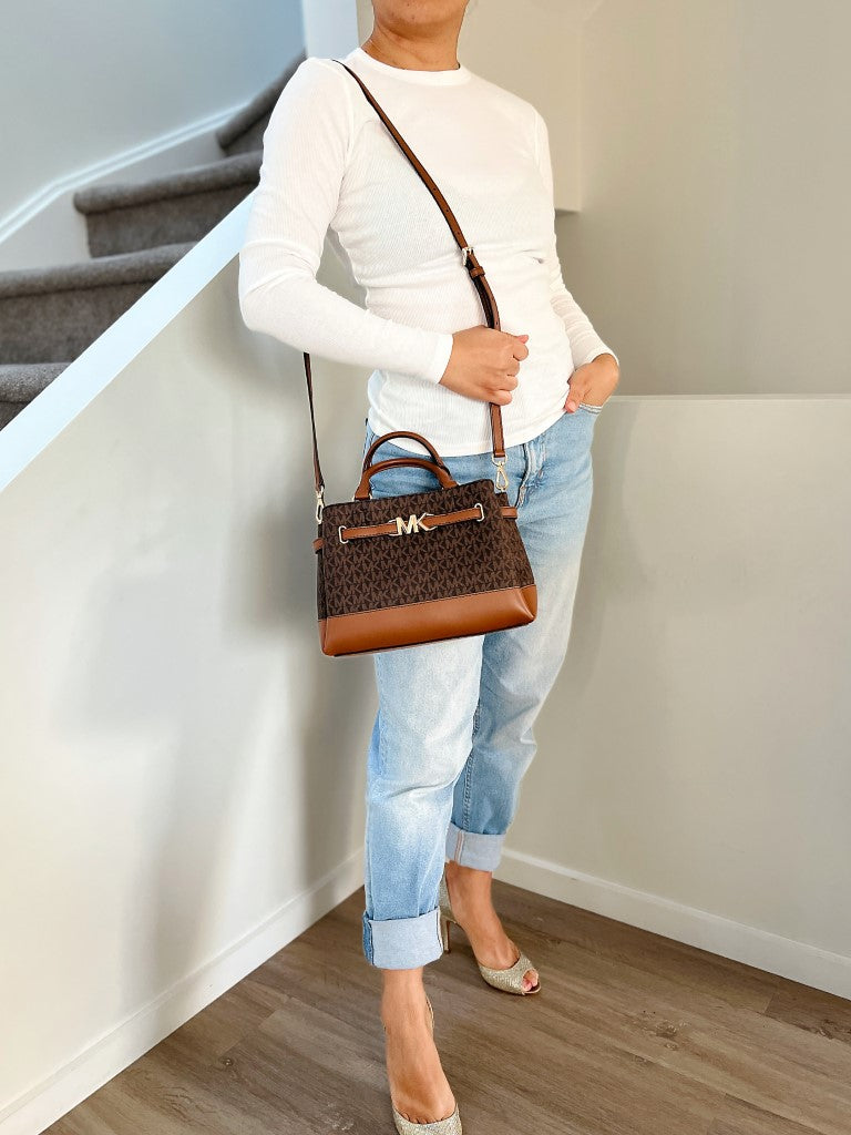 Michael Kors Caramel Leather Monogram Triple Compartment 2 Way Shoulder Bag Like New