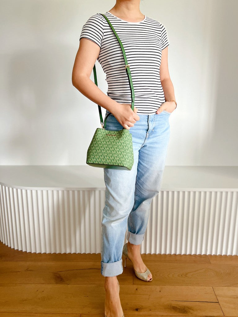 Michael Kors Green Leather Monogram Bucket 2 Way Shoulder Bag Like New