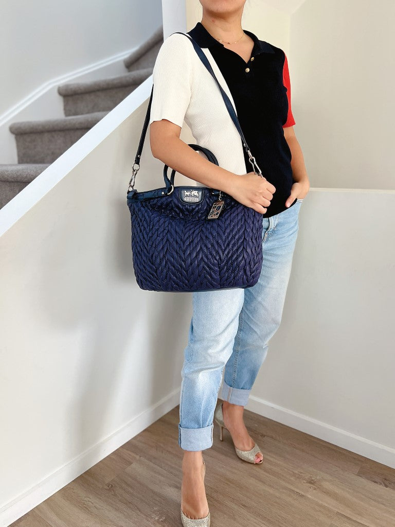 Coach Navy Leather Trim Quilited Detail 2 Way Shoulder Bag