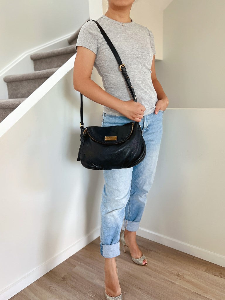 Marc Jacobs Black Leather Front Logo Crossbody Shoulder Bag