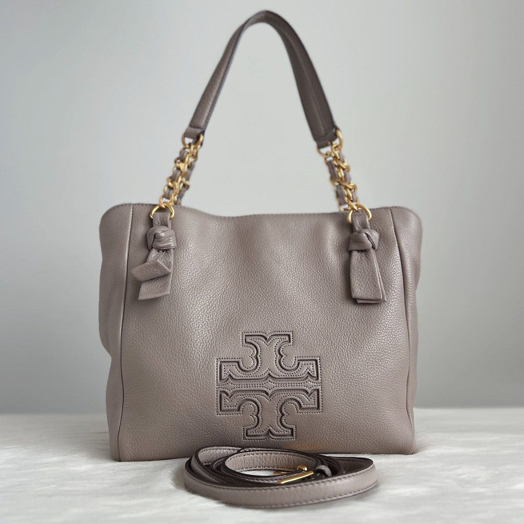 Tory Burch Taupe Leather Triple Compartment 2 Way Shoulder Bag Like New