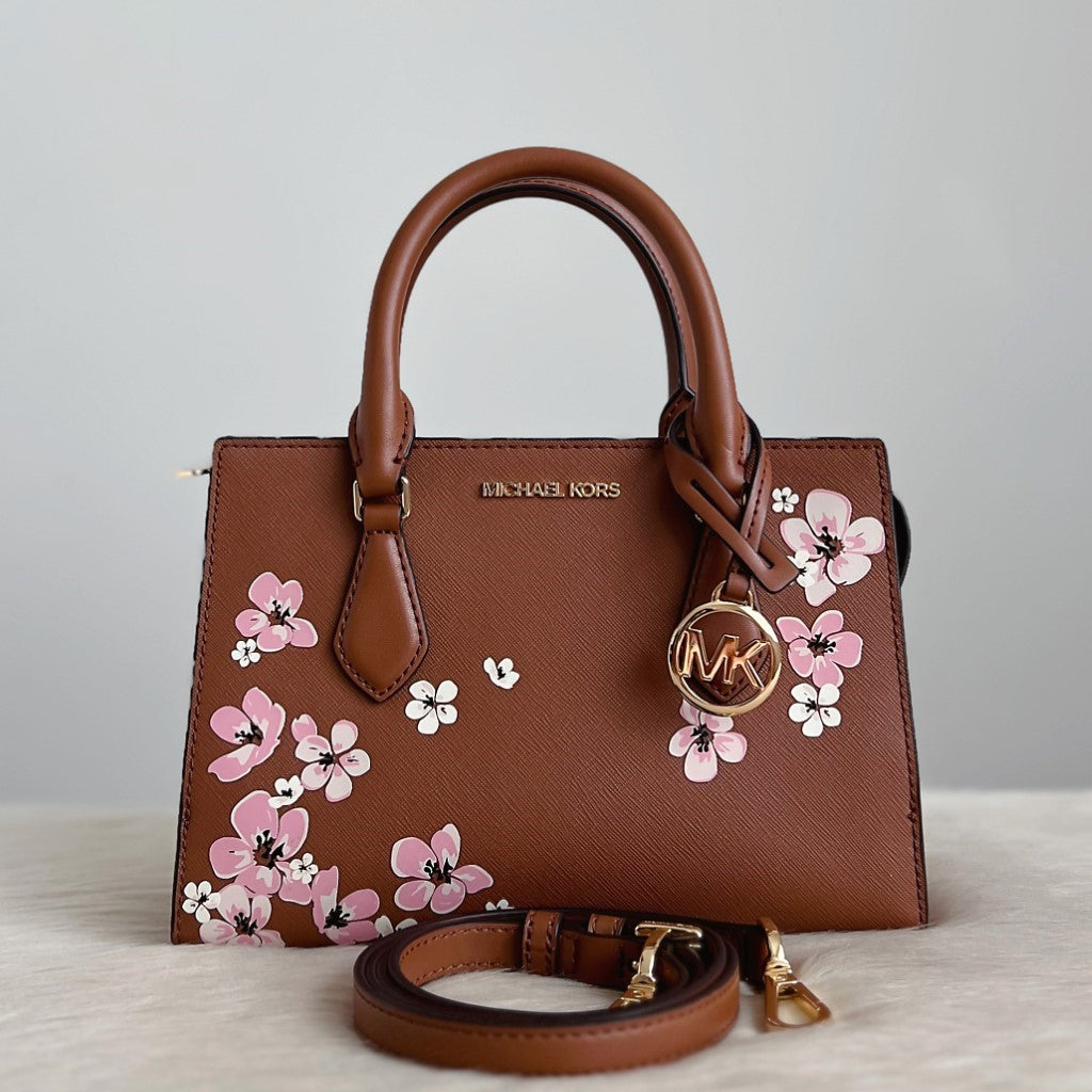 Michael Kors Caramel Leather Floral Detail 2 Way Shoulder Bag Like New