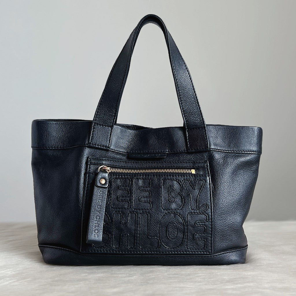 See by Chloe Black Leather Embossed Logo Detail Tote Bag Excellent
