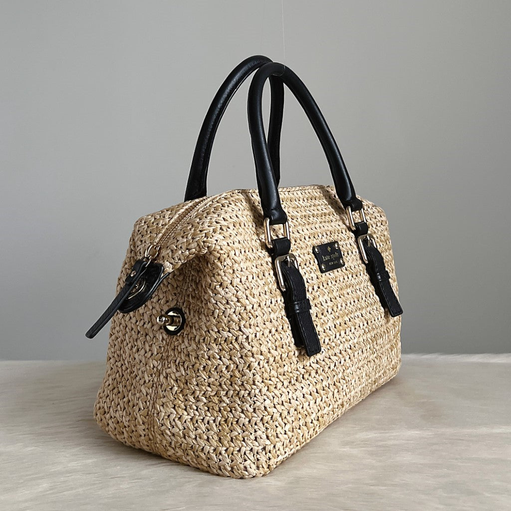 Kate Spade Black Leather Straw Boston 2 Way Shoulder Bag Excellent