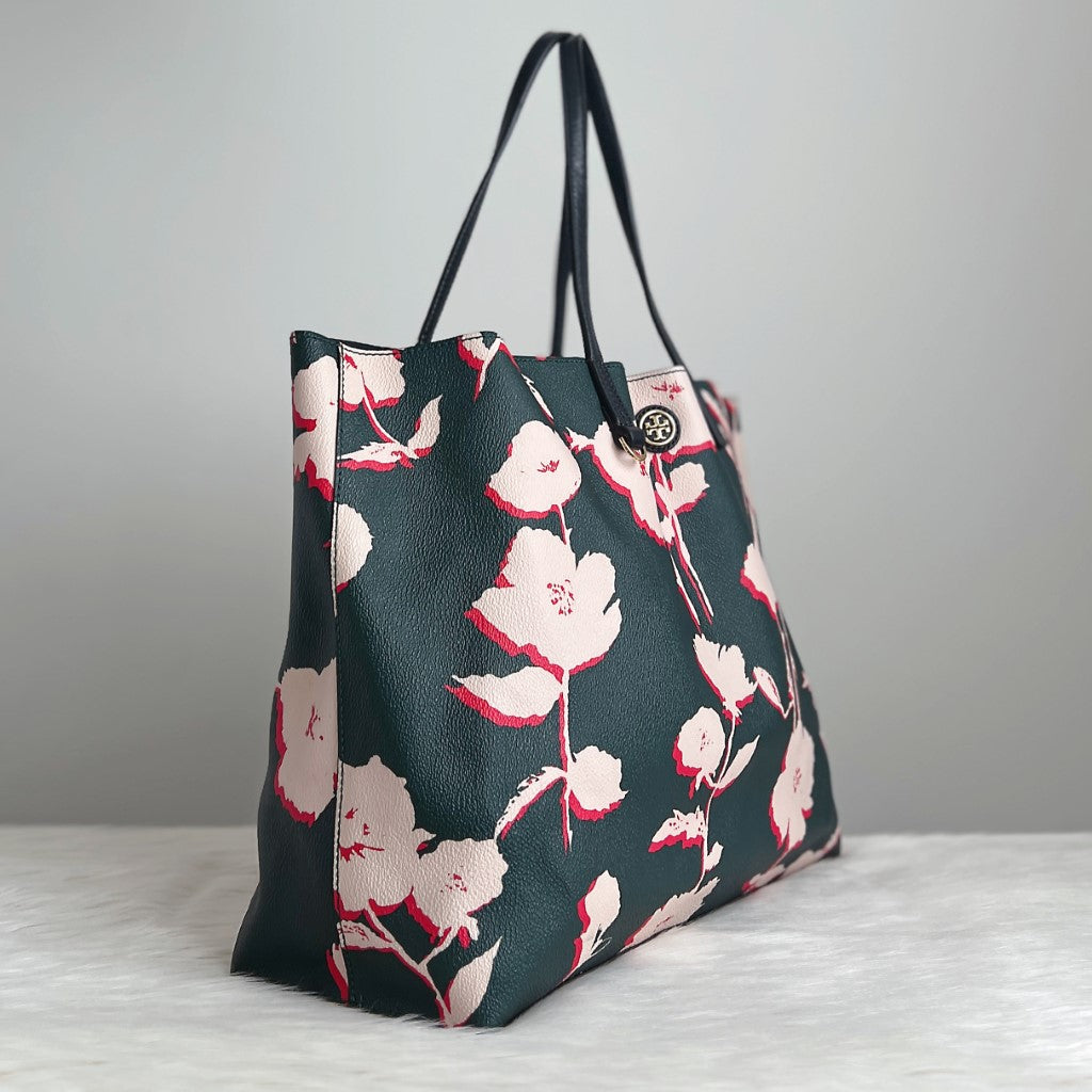 Tory Burch Floral Print Leather Large Carryall Shoulder Bag Excellent