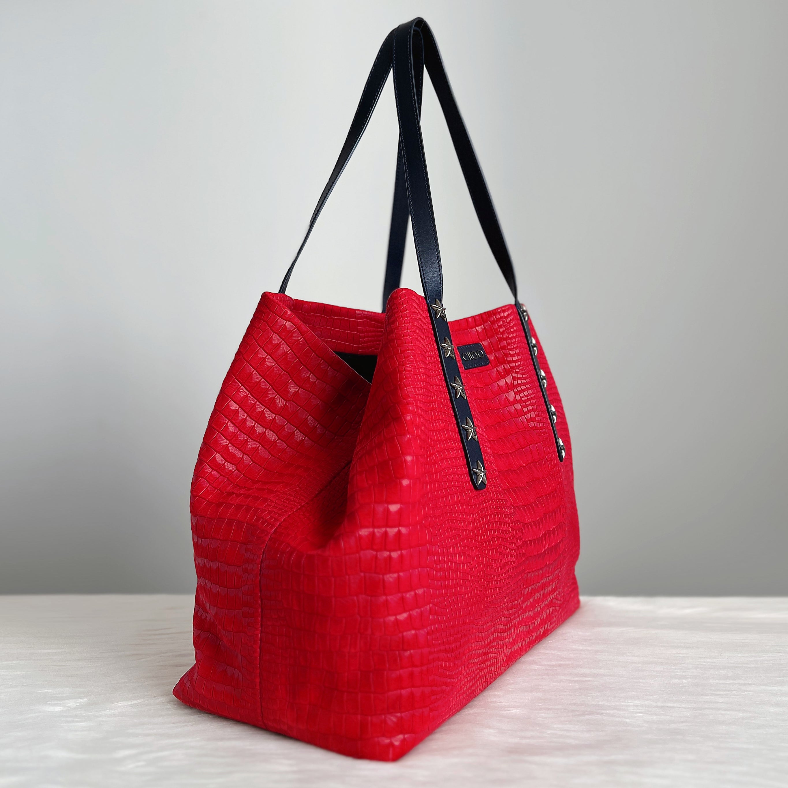 Jimmy Choo Two Tone Leather Suede Studded Carryall Shoulder Bag Excellent